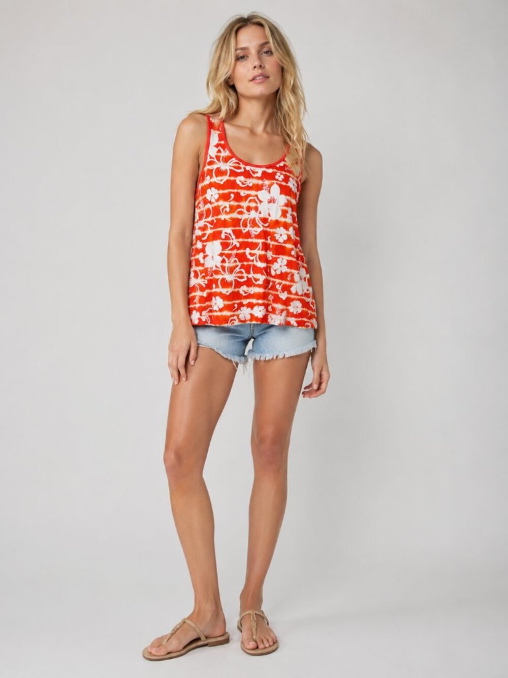 2/$30 Lands' End Floral Tye-Dye Tank Top Coral Hibiscus XS #A2784